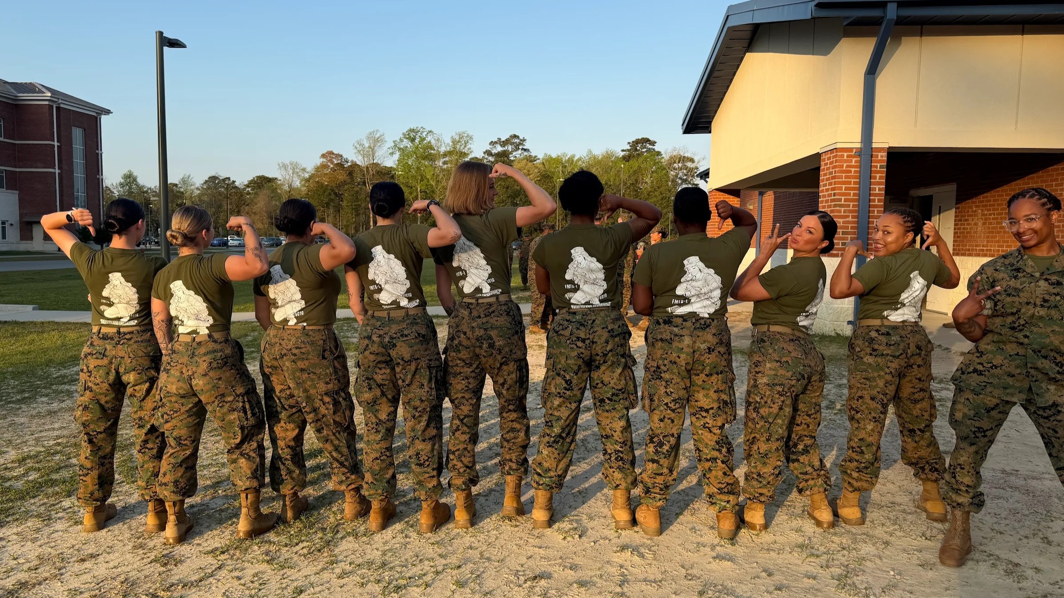Marines wearing their locally printed unit shirts